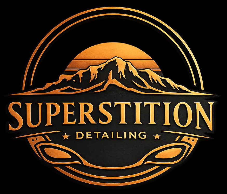 Superstition Detailing — sunset over the Superstition Mountains above a polished car silhouette